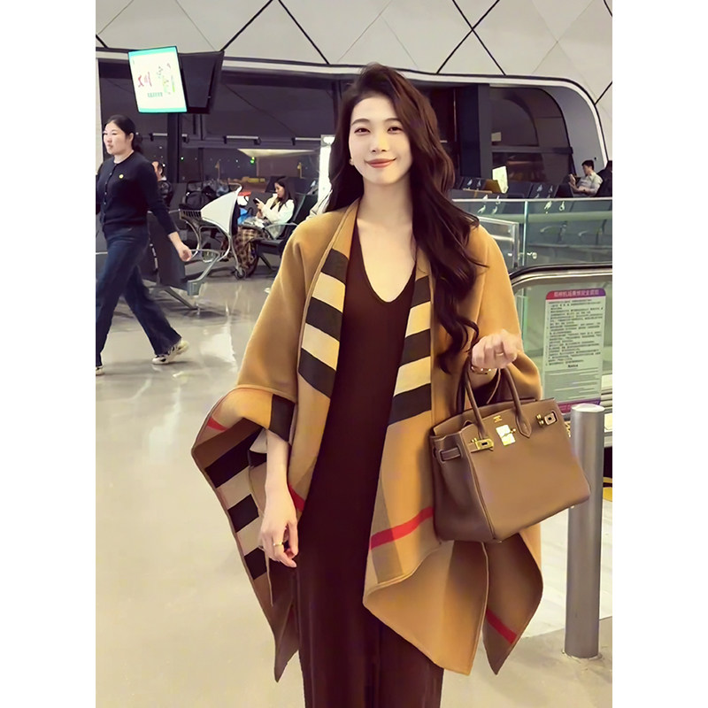 秋冬外搭格纹双面毛呢披肩女斗篷围巾/丝巾/披肩