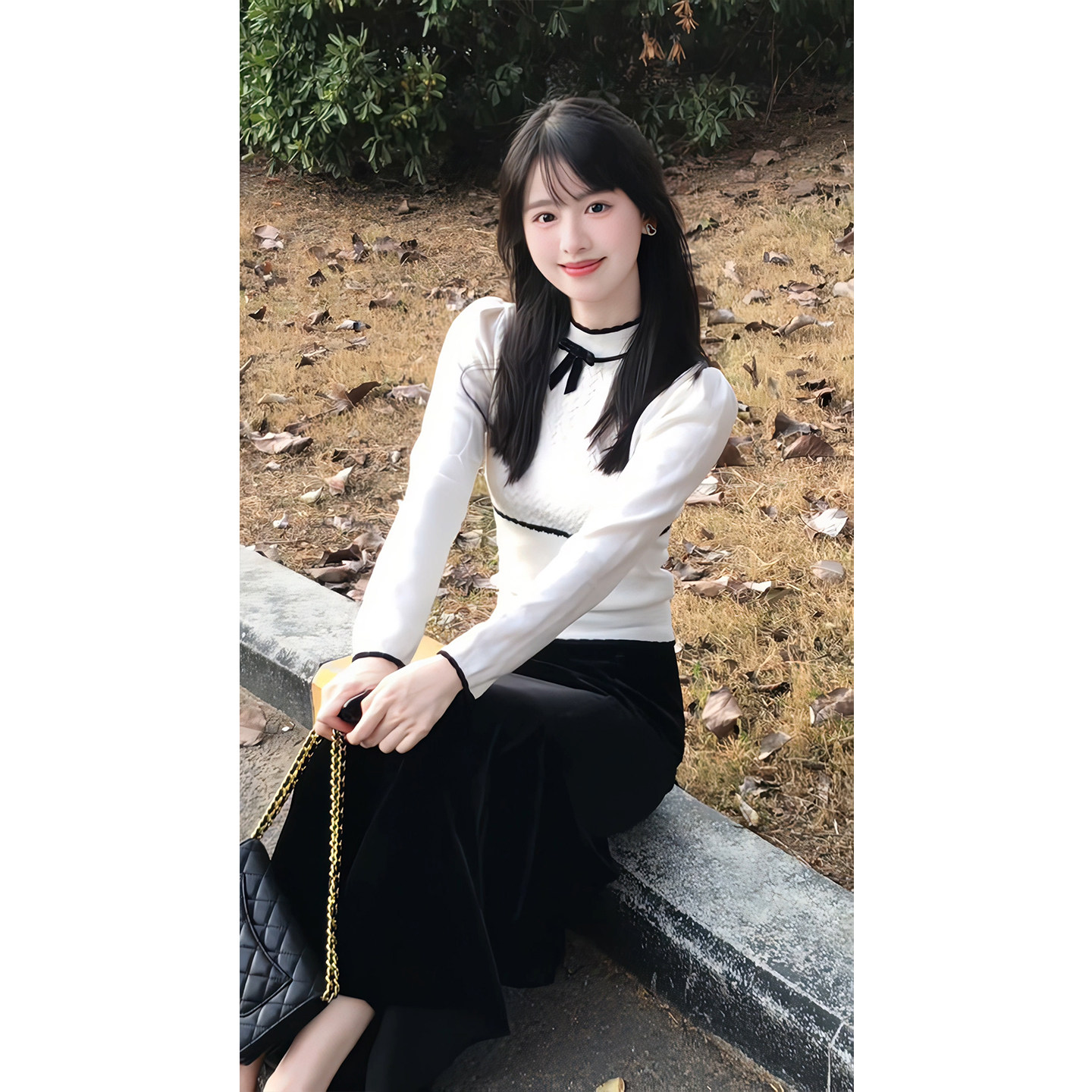 安然叙写日常~秋季2026上新韩系蝴蝶结针织上衣丝绒半身裙套装女