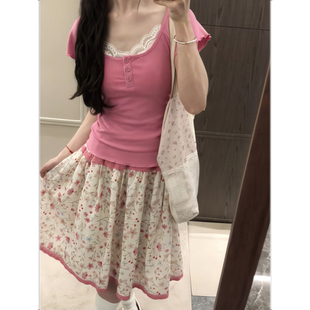 现货一套！2026夏季大U领玫红色短袖木耳边T恤女+碎花半身裙长裙
