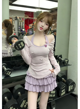 秋季新品挂脖系带紫色小个子连衣裙百褶短裙+长袖T恤打底衫上衣女