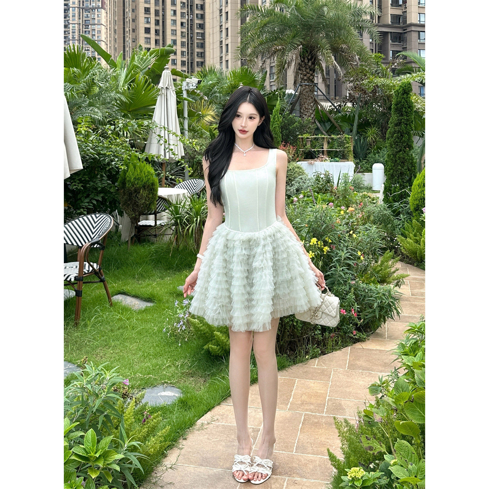 现货多个色！夏季生日约会方领鱼骨蛋糕裙无袖网纱连衣裙氛围感