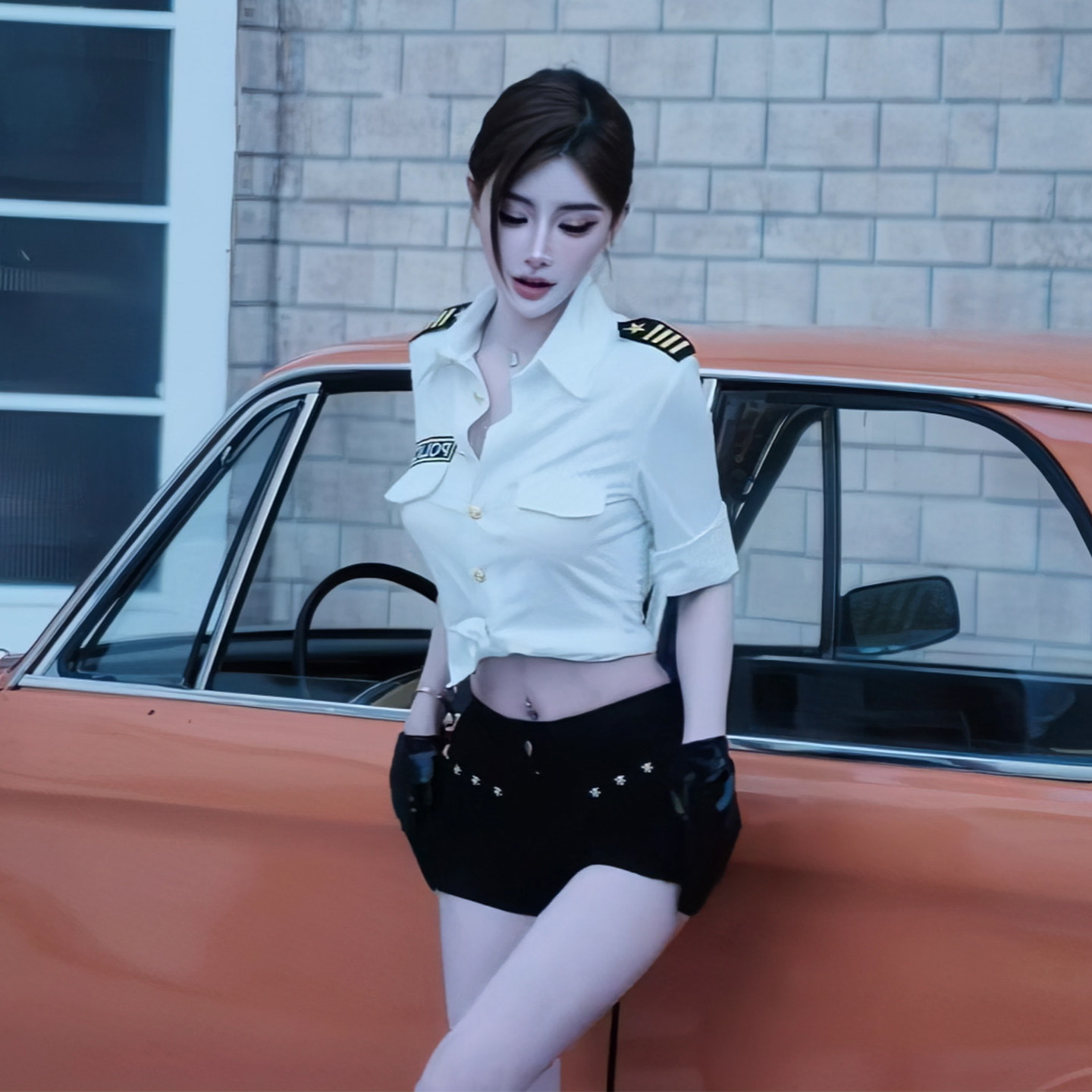 现货！性感制服女警角色扮演白色半袖衬衫+牛仔黑色超短裤两件套