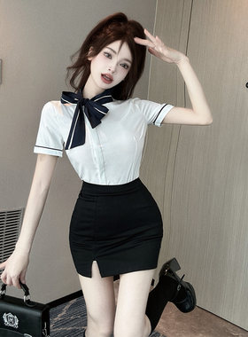 150矮个子空姐职业套装短袖衬衫+包臀裙工作服两件套145加小码xxs