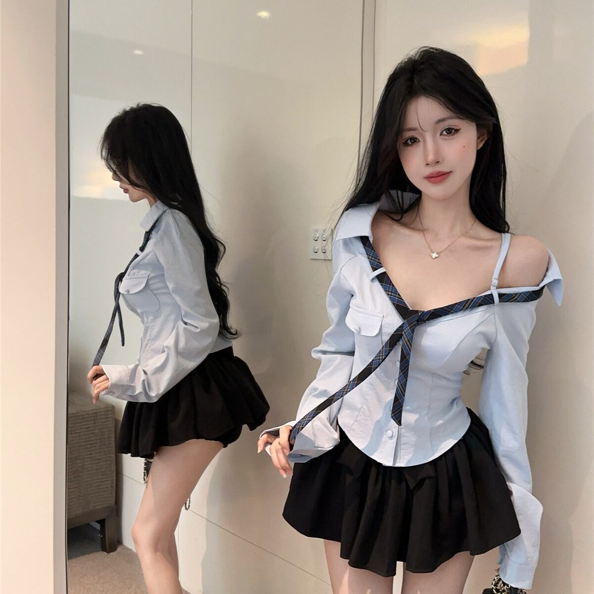 150cm小个子jk制服辣妹斜肩V领衬衫显瘦收腰露肩上衣小款xxs小码