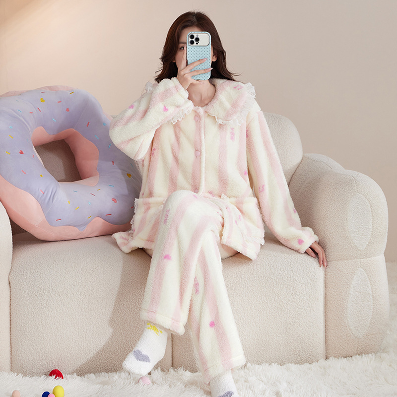 150cm小个子珊瑚绒睡衣加绒加厚可爱甜美风法兰绒家居服套装xxs码