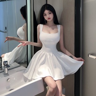 150cm矮个子纯白色裙子xs无袖 xxs 修腰大摆简约弹力连衣裙145小码