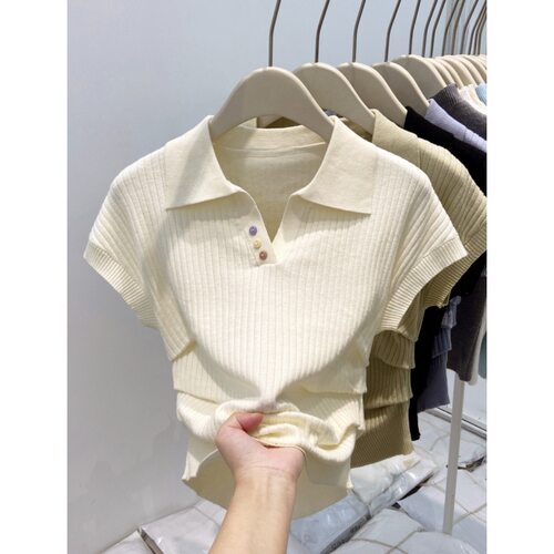 150cm小矮个子Polo领彩虹扣针织短袖收腰褶皱短款短袖打底衫xxs码