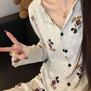 夏季150cm矮小个子可爱卡通米奇睡衣女春秋季长袖家居服套装xxs码