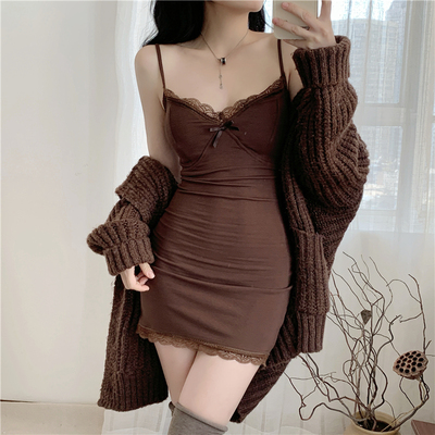 150小个子磨毛加绒性感吊带连衣裙下摆蕾丝花修身包臀短裙小码xxs