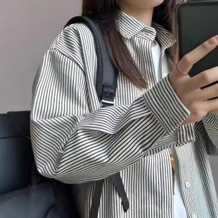 150cm小矮个子黑白条纹衬衫 女生宽松加厚衬衣外套情侣装 上衣xxs码