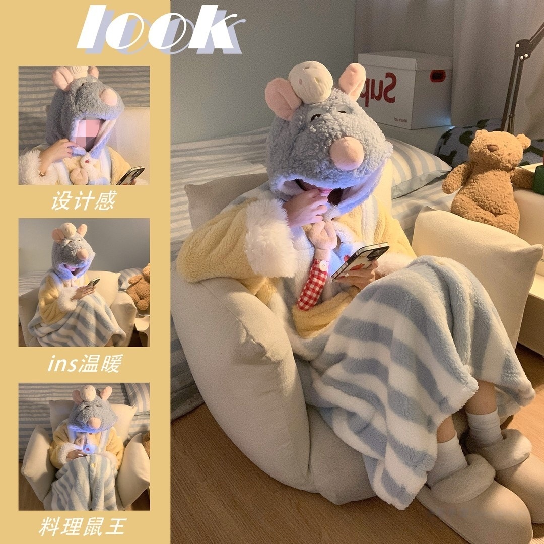 150cm小矮个子睡衣女秋冬季连帽睡袍加绒加厚保暖毛绒家居服xxs码