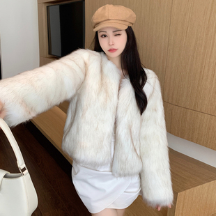 冬季150小个子辣妹环保皮草短款显瘦仿狐狸毛绒扎染毛毛外套xs码