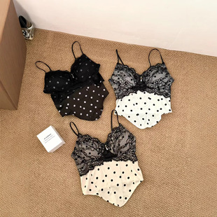 150cm小个子法式 波点辣妹小吊带胸垫蕾丝拼接显瘦外穿美背心xxs码