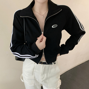 150美式运动辣妹短款爵士舞卫衣小个子双拉链黑色外套上衣xxs小码