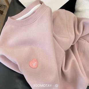 冬季150cm小矮个子美式套头xs复古粉色加绒加厚圆领卫衣女款xxs码