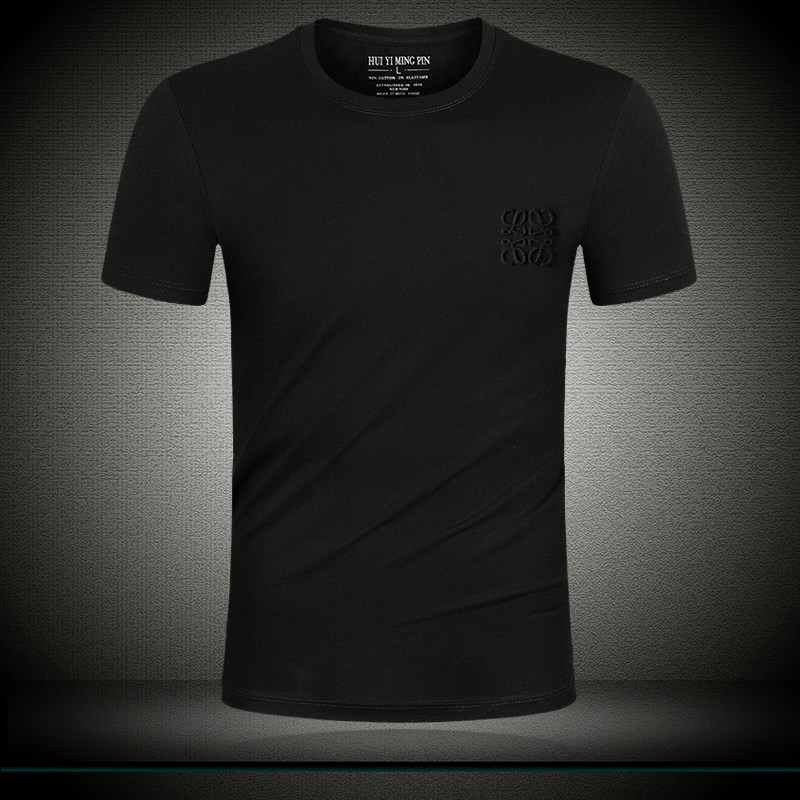 欧洲站夏季丝光棉黑色圆领短袖t恤男士 3d印花纯色百搭体恤打底衫