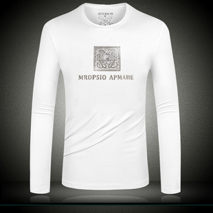 欧洲站烫钻长袖棉t恤男士上衣潮牌男装百搭休闲滑料秋衣打底衫ins