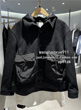 思莱德SELECTED冬季含羊毛拼接料可脱卸连帽黑色毛呢外套夹克上衣