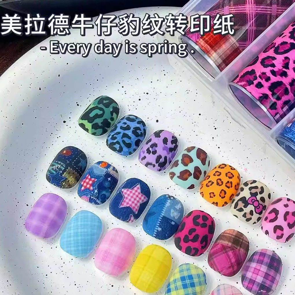 秋冬美拉德Y2K粉色豹纹牛仔星星爱心格纹转印纸星空贴美甲饰品