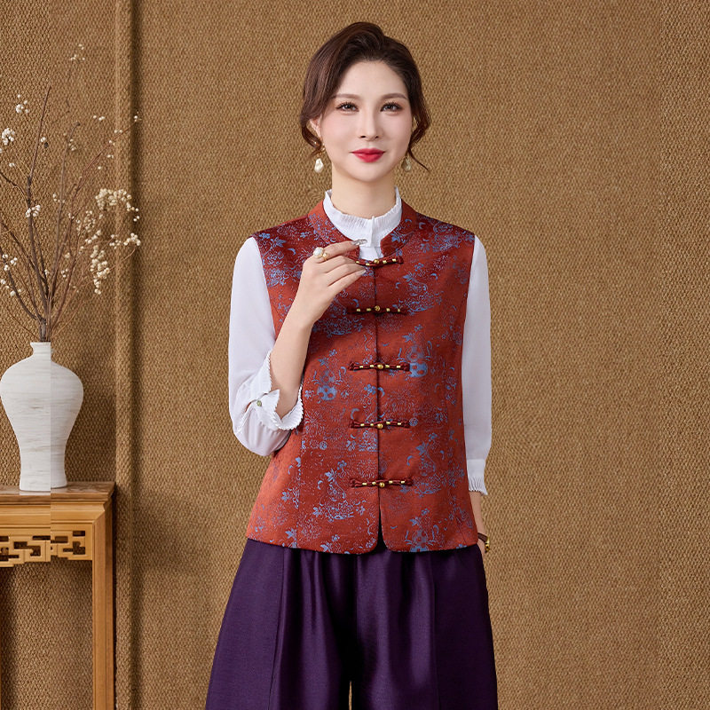 2026新款女装休闲妈妈装时尚宋锦提花缎国风马甲女洋气中年女装