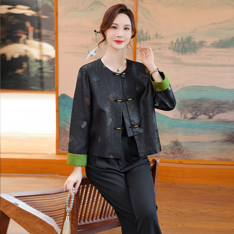 鹤福新中式妈妈装秋装长袖外套洋气印花人造皮衣中老年女装秋上衣