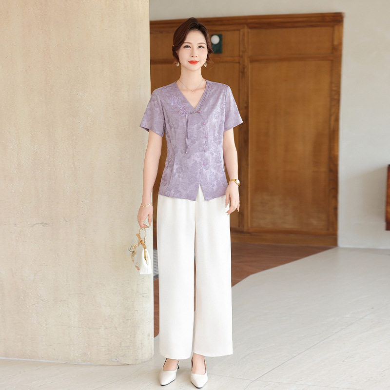 鹤福新款女装鹤福妈妈装新中式夏季套装上衣裤子两件套中年女装夏