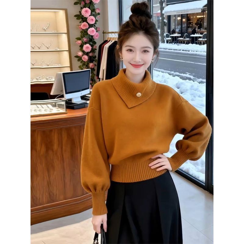高领橘色针织衫女套头慵懒风高级感毛衣姜黄色上衣