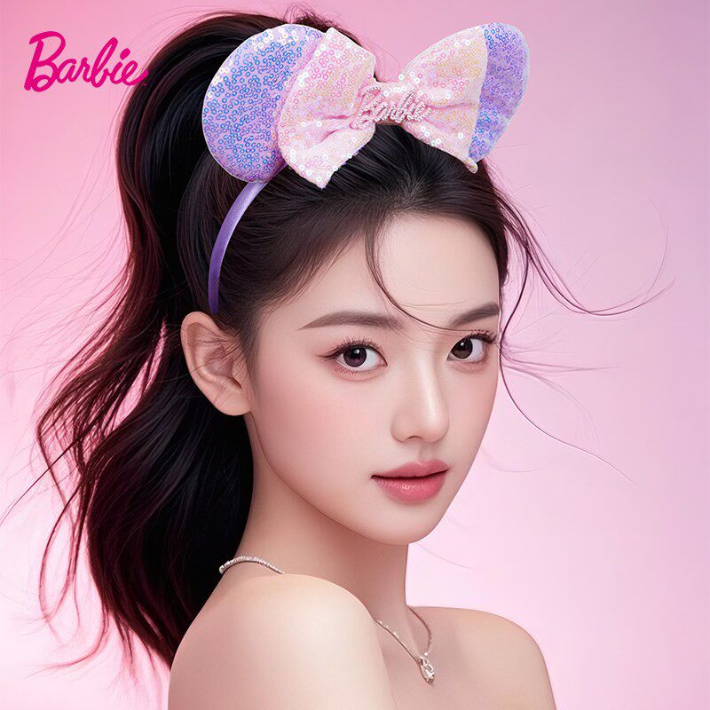 Barbie芭比官方正品米奇发箍女迪士尼蝴蝶结发饰闪片拍照儿童头饰