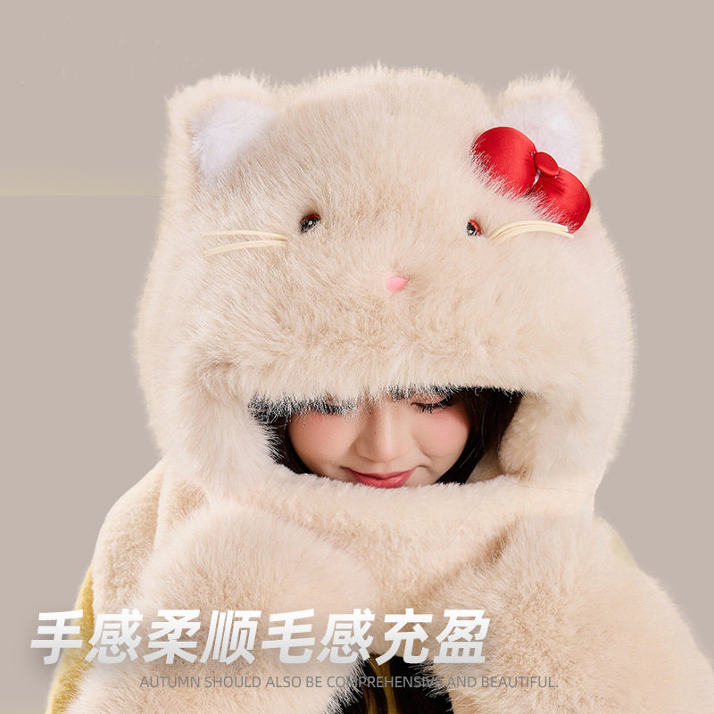 秋冬可爱凯蒂猫帽子围巾手套一体三件套防风保暖学生套装套头帽女
