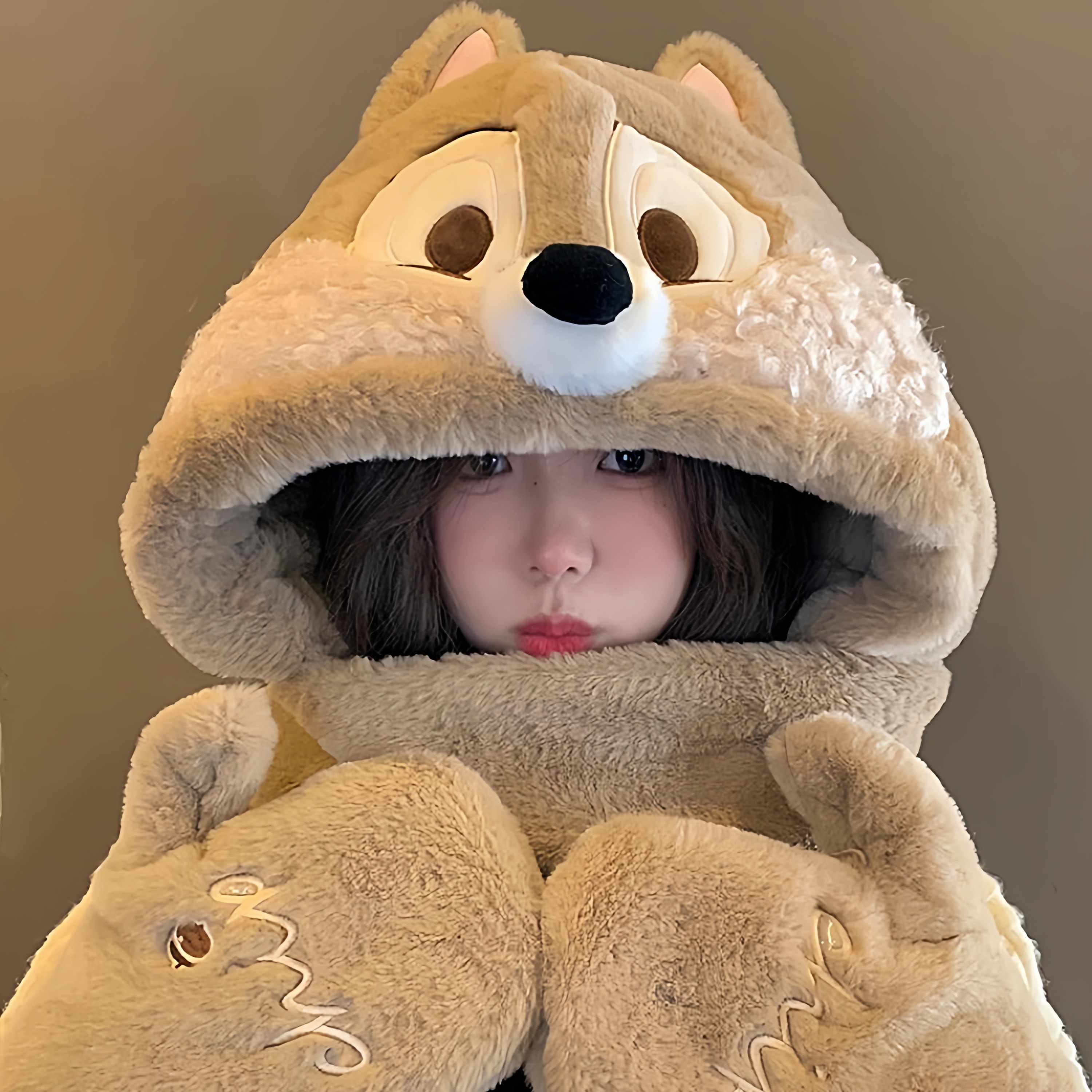 迪士尼正版可爱奇奇蒂蒂毛绒帽子围巾手套一体女冬季保暖三件套潮