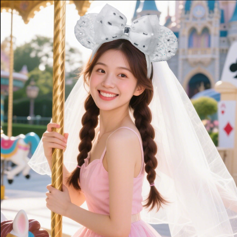 迪士尼亮片公主风发箍米奇耳朵米妮蝴蝶结发箍少女拍照发箍正品女