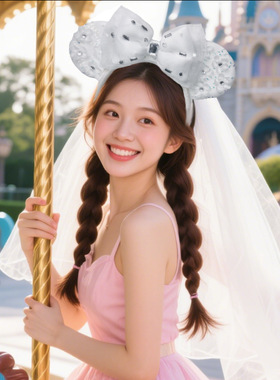 迪士尼亮片公主风发箍米奇耳朵米妮蝴蝶结发箍少女拍照发箍正品女