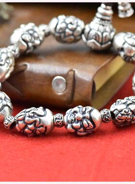 文泽佛头银手链手串雪花银