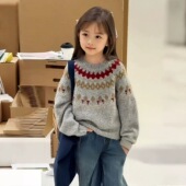 潮 洋气保暖针织女孩圆领打底针织衫 女童费尔岛毛衣秋冬季 2025新款