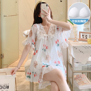 2024年新款 睡衣女夏季 网纱性感宫廷公主风夏天带胸垫套装 薄款 短袖