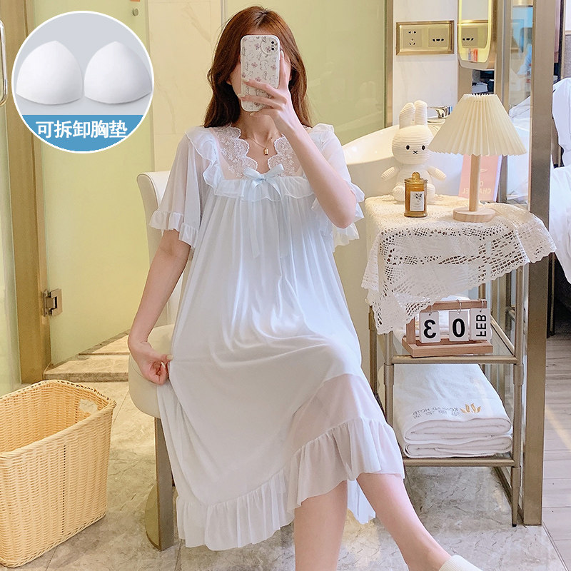 网纱睡裙女夏季天莫代尔纯棉短袖2024年新款薄款带胸垫睡衣家居服,女士内衣/男士内衣/家居服,睡裙,淘宝优惠券,粉丝福利购,淘宝优惠卷