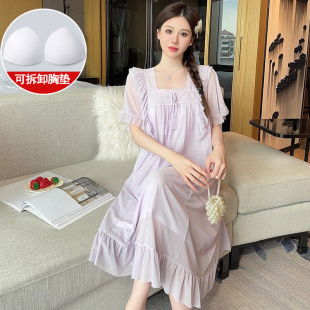 宫廷公主风女睡衣带胸垫夏天家居服 网纱睡裙女款 夏季 短袖 甜美法式