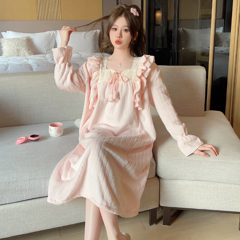 睡裙女秋冬季珊瑚绒长袖睡衣冬天睡裙