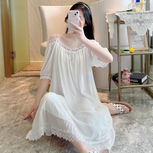 吊带睡裙女夏季甜美露肩高级性感宫廷公主风网纱短袖夏天睡衣女款