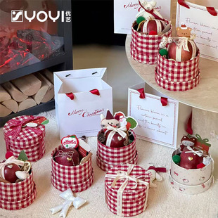 优艺  蝴蝶结格子苹果盒红白格抱抱桶圆盒波点平安果鲜花礼物包装