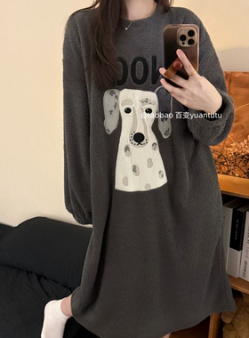 韩版ins灰色斑点狗半边绒睡裙女冬季加绒加厚可外穿高级感家居服