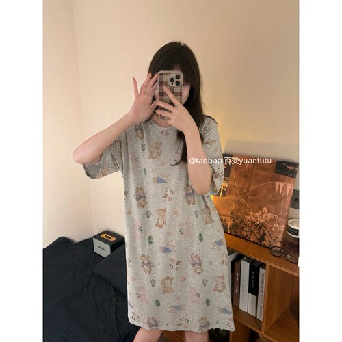 复古灰调小熊睡裙女夏抗菌棉可爱凉感短袖宽松大码可外穿家居服