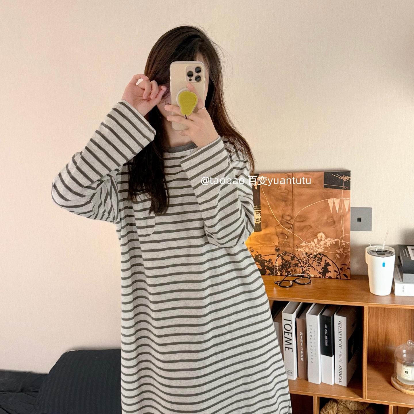 韩版ins风条纹纯棉睡裙女秋冬季简约可外穿学生中长袖长裙带口袋