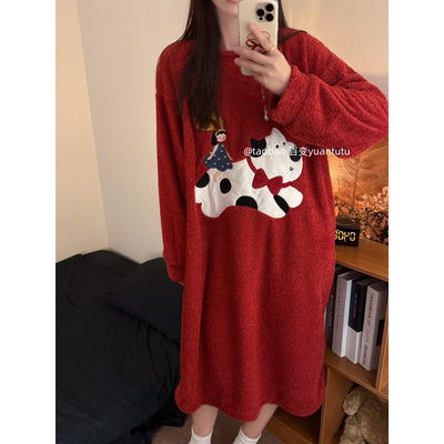 本命年新年红半边绒睡裙女冬季圣诞红保暖加厚摇粒绒家居服中长裙