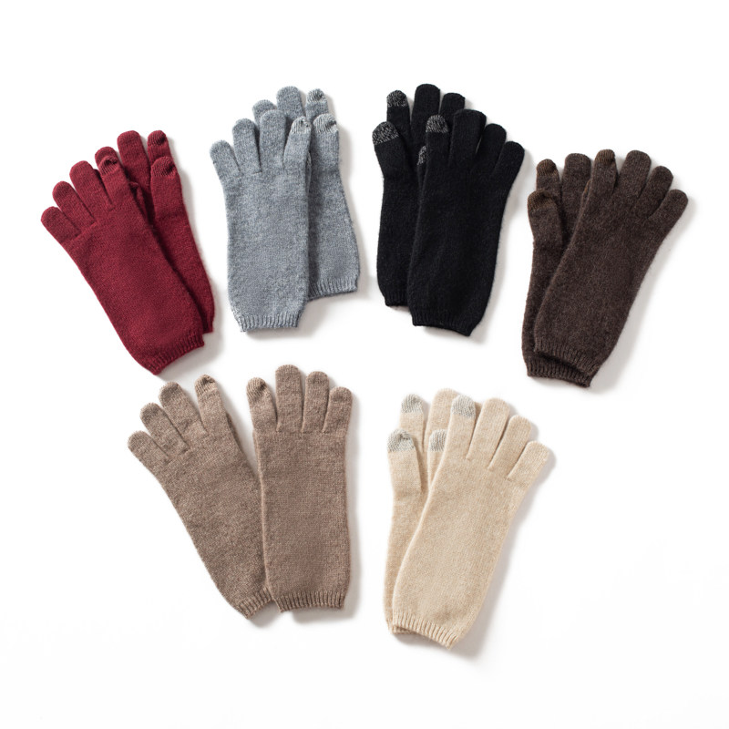 2025新款针织手套女冬季保暖加厚羊绒五指纯色可触屏手套