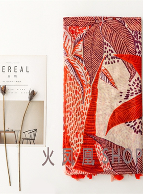 棉麻手感围巾橘红色叶子花丝巾旅游防晒披肩05