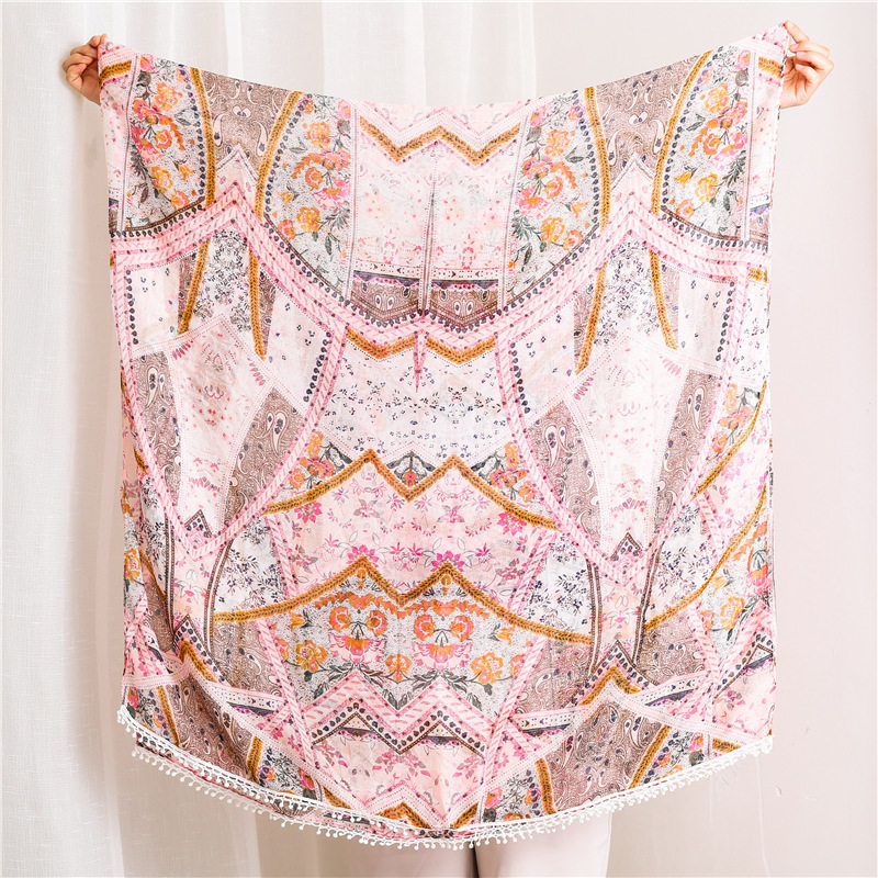 火凤凰-波西米亚围巾蕾丝球球花边旅游披肩防晒丝巾棉麻旅游度假