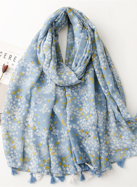 火凤凰-2025新款清新素雅鸡蛋花长款流苏纱巾棉麻手感围巾140方巾