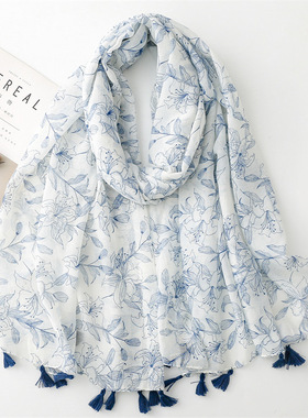 火凤凰-逸淘出口棉麻手感围巾小清新蓝色白底叶子花流苏丝巾披肩