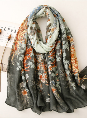 火凤凰-复古中国风墨绿色大花朵二二斜棉麻手感围巾丝巾旅游防晒